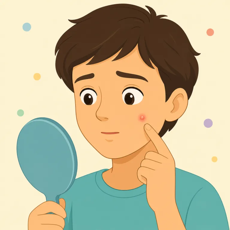 pimple（ニキビ・名詞）の覚え方イラスト — pimple はまず「顔に1個できる、ぽつっとしたできもの」を思い浮かべると定着しやすい語です