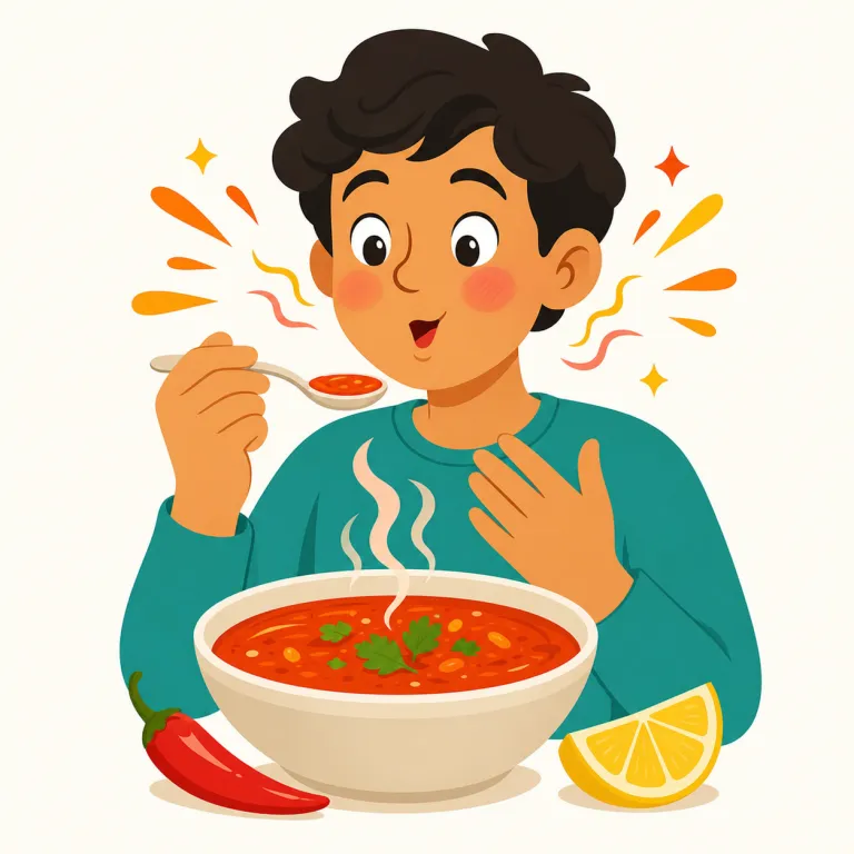 piquant（ピリッとした・形容詞）の覚え方イラスト — piquant は食べ物の味に使う「ピリッとした」として覚えます
