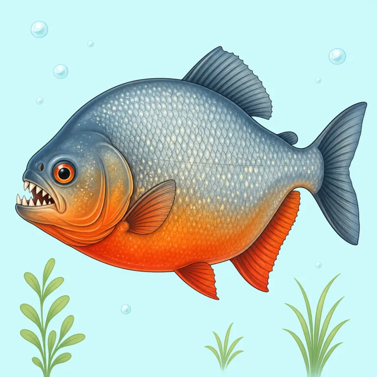 piranha（ピラニア・名詞）の覚え方イラスト — shark のような「海の大型捕食魚」ではなく、piranha は「川にいる小型の肉食魚」と対比で覚えると残りやすい