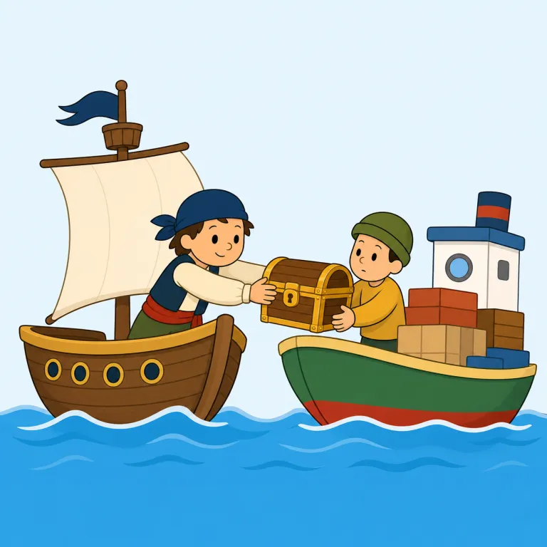 pirating（違法複製をすること・名詞）の覚え方イラスト — この意味の pirating は、pirate を「正当な権利なく他人のものを取る人」と広げて考えると覚えやすいです