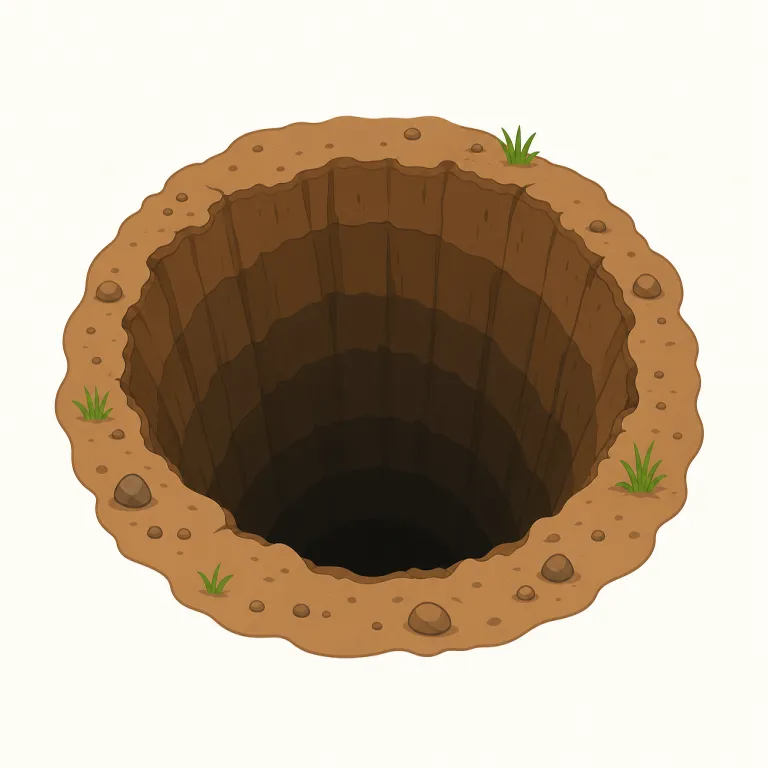 pit（穴・名詞）の覚え方イラスト — この pit は「くぼみ」という表面のへこみではなく、地面を掘った深い穴や作業用の穴、さらに peach pit のような果物の硬い中心部を指す用法として覚える