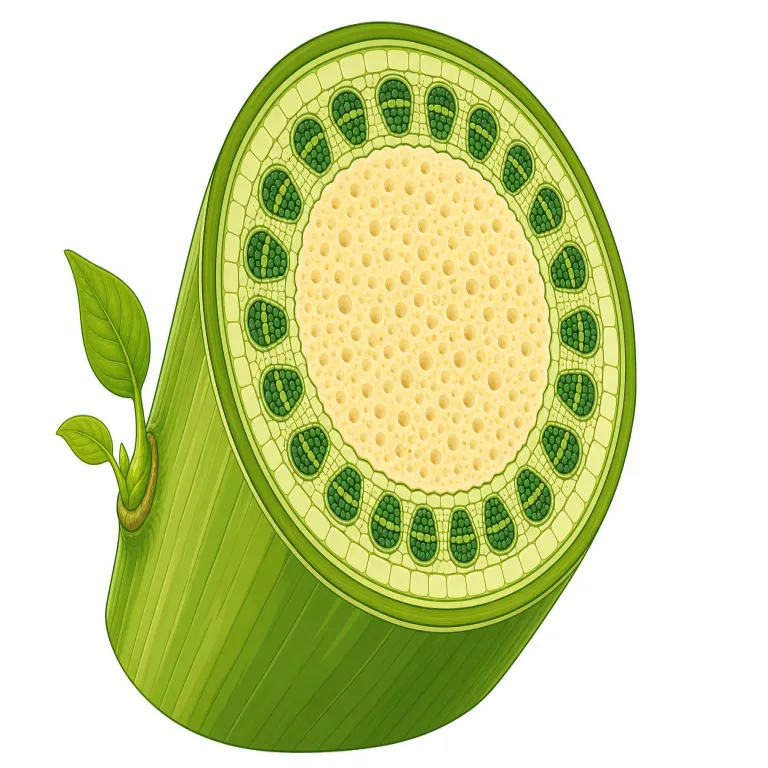 pith（髄・名詞）の覚え方イラスト — まず「オレンジの皮の内側にある白いふわっとした部分」や、茎の中心の柔らかい部分を思い浮かべると入りやすい語