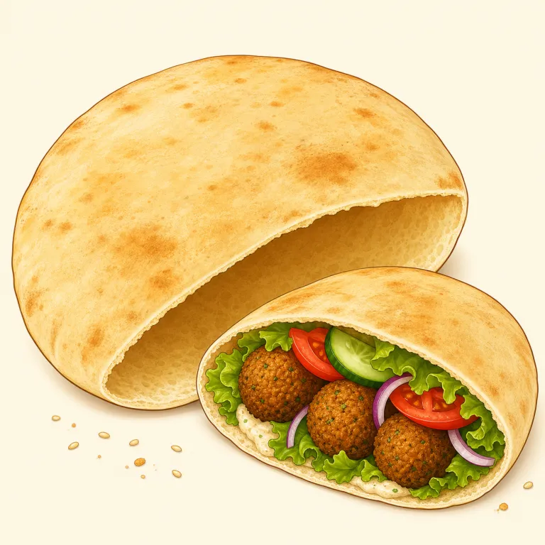 pitta（ピタパン（中東食）・名詞）の覚え方イラスト — まず、よりよく見かける綴りの pita と同じ食べ物の別表記だと押さえると覚えやすいです