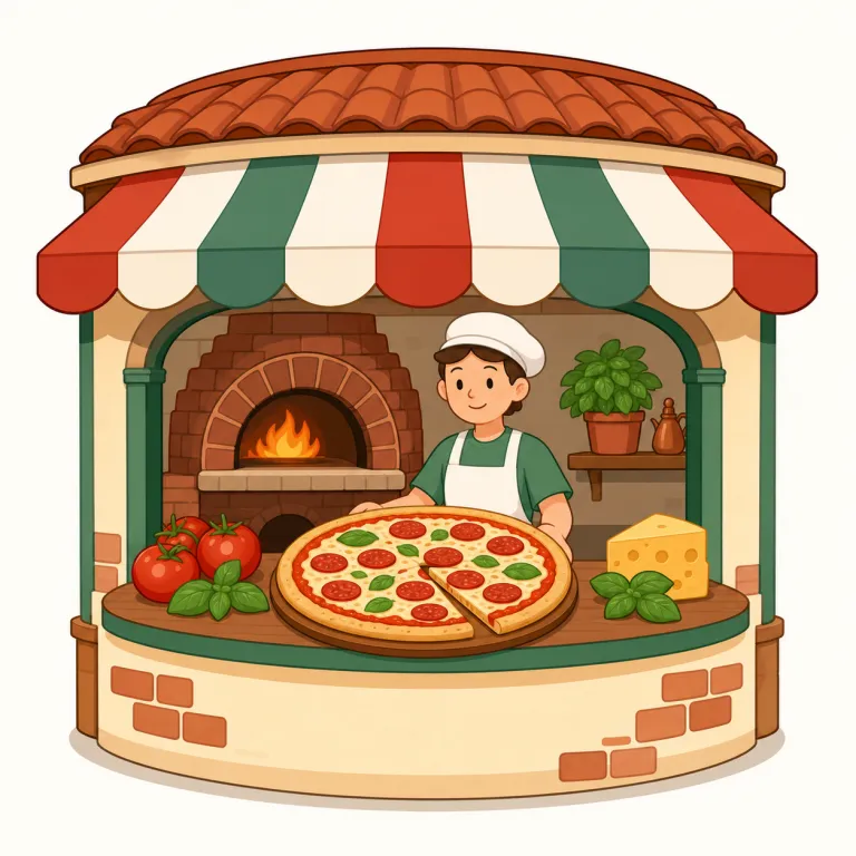 pizzeria（ピザ専門店・名詞）の覚え方イラスト — pizza が見えた時点で中心商品はほぼ確定