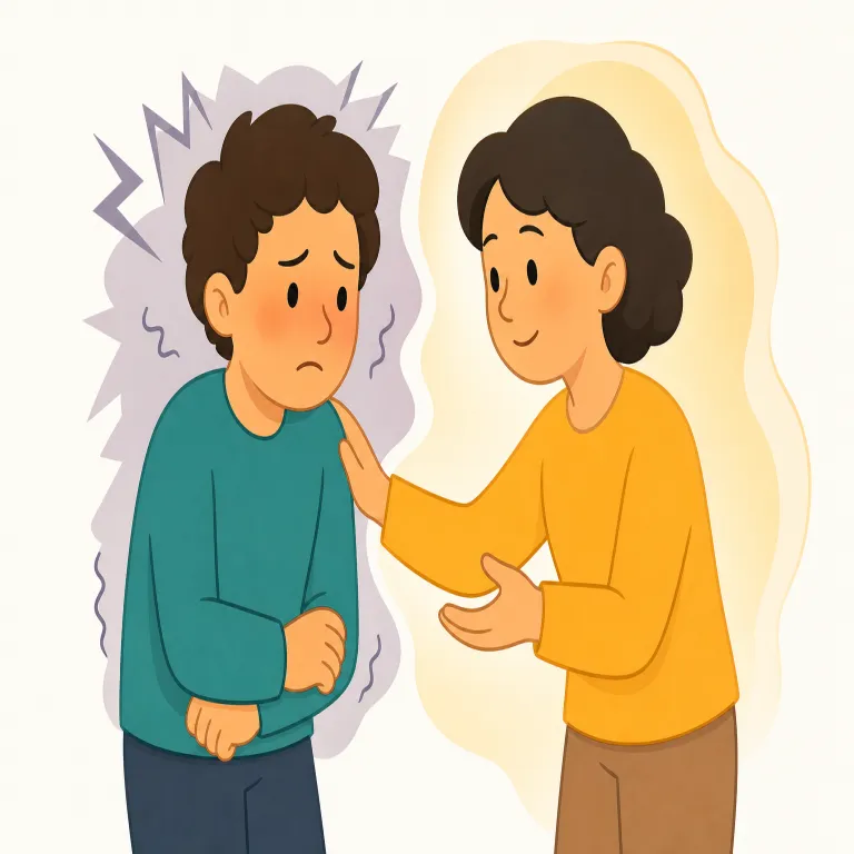 placating（なだめる・動詞）の覚え方イラスト — 怒っている相手に対して、議論で勝つのでなく、まず気分を静めて場を収める方向に動く語だと覚えると残りやすいです