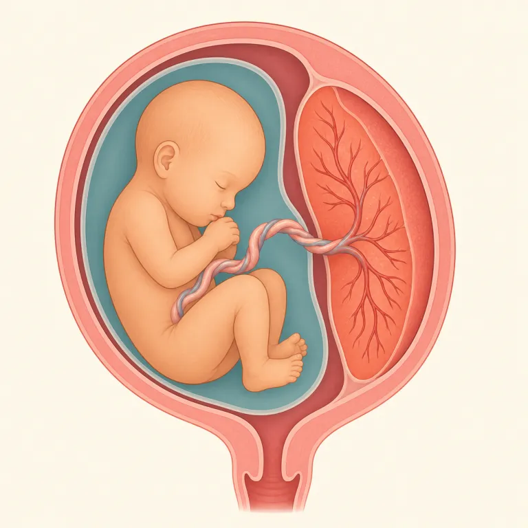 placenta（胎盤・名詞）の覚え方イラスト — pregnancy の話題で見たら、まず fetus（胎児）、umbilical cord（へその緒）、nutrients / oxygen とセットで結びつける