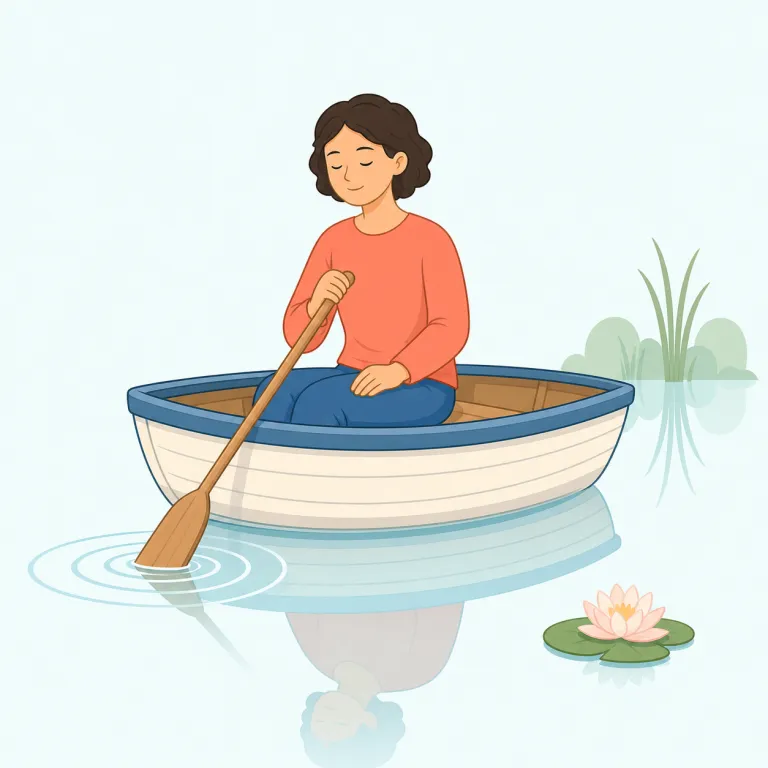 placidly（穏やかに・副詞）の覚え方イラスト — placid「波立たず穏やかな」＋ -ly と捉え、静かな湖面や、批判されても表情を変えない人を思い浮かべると定着しやすい
