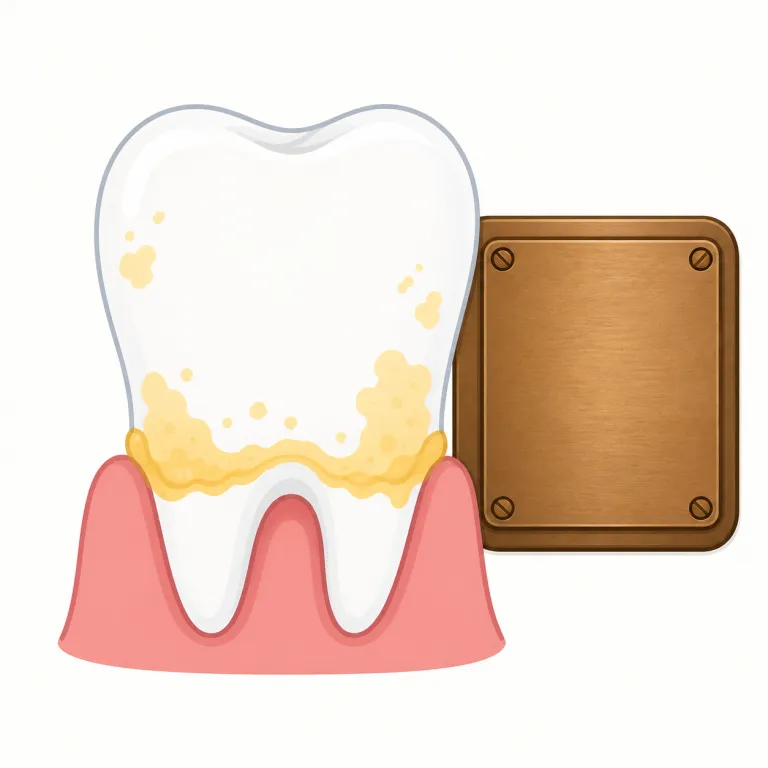 plaque（銘板、歯垢・名詞）の覚え方イラスト — plaque は「表面に平たく張りついているもの」という1枚のイメージで覚えると、銘板と歯垢の2つの意味が分断されません