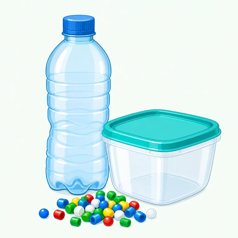 plastic（プラスチック・名詞）の覚え方イラスト — まず名詞の plastic を起点に、「plastic bag」「plastic chair」のように形容詞では素直に『プラスチック製の』と取る