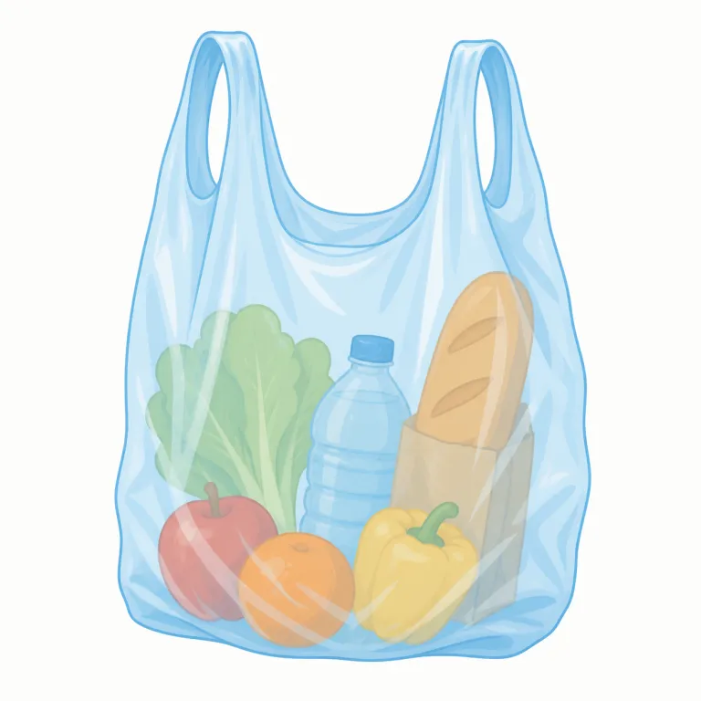 plastic bag（ビニール袋・名詞）の覚え方イラスト — これは plastic bag の「ポリ袋」という基本義とは別に、日本語の訳語として「ビニール袋」と答えるエントリです
