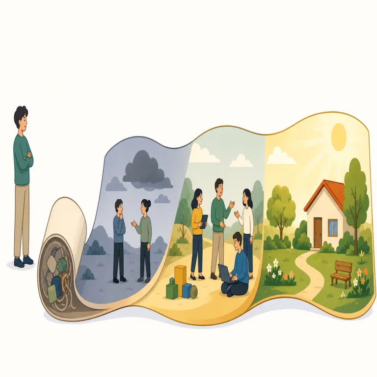 play out（展開する・句動詞）の覚え方イラスト — この play out は、人が劇や曲を最後まで行う意味ではなく、出来事や状況が時間の中で進み、結果が見えてくる意味です