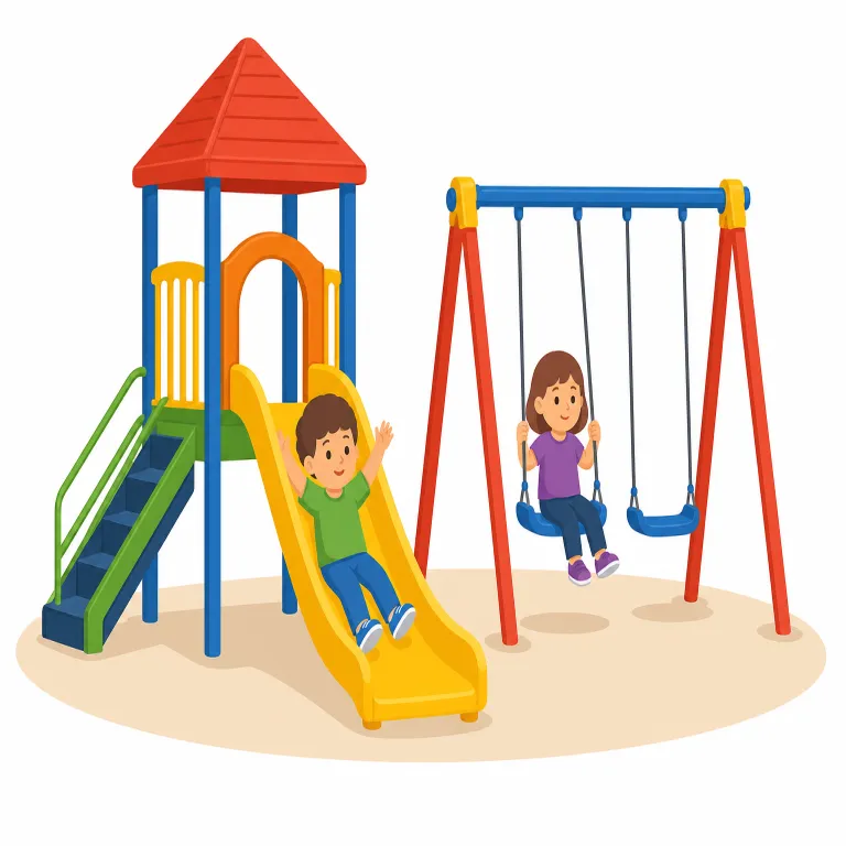 playground（遊び場・名詞）の覚え方イラスト — この意味の playground は、子どもが遊ぶための場所や、比喩的に自由に試せる場を表します