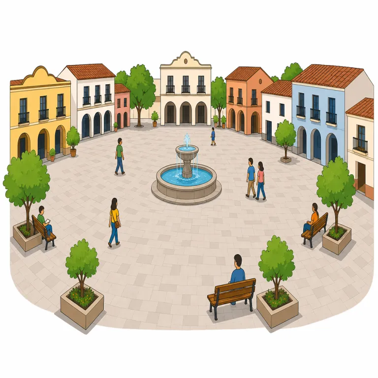 plaza（広場・名詞）の覚え方イラスト — plaza の「広場」は、建物や通りに囲まれた、歩いたり集まったりできる開けた公共空間を思い浮かべると覚えやすいです