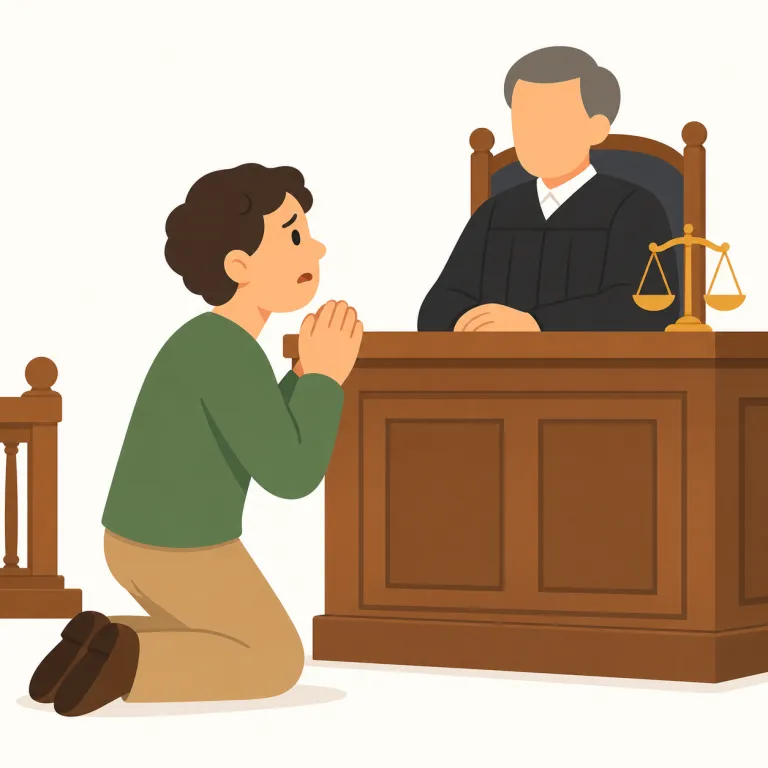 plead（懇願する、（法廷で）答弁する・動詞）の覚え方イラスト — plead は plea（嘆願・答弁）を動詞にした形と見ると覚えやすい