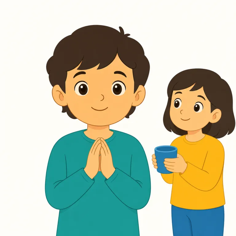please（お願いします・間投詞）の覚え方イラスト — please は文の内容を「命令」ではなく「頼み」として差し出す小さな標識だと考えると自然です