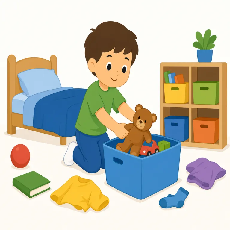please clean your room（部屋を片づけて）の覚え方イラスト — 「Please + 動詞」で「〜してください」の定番依頼