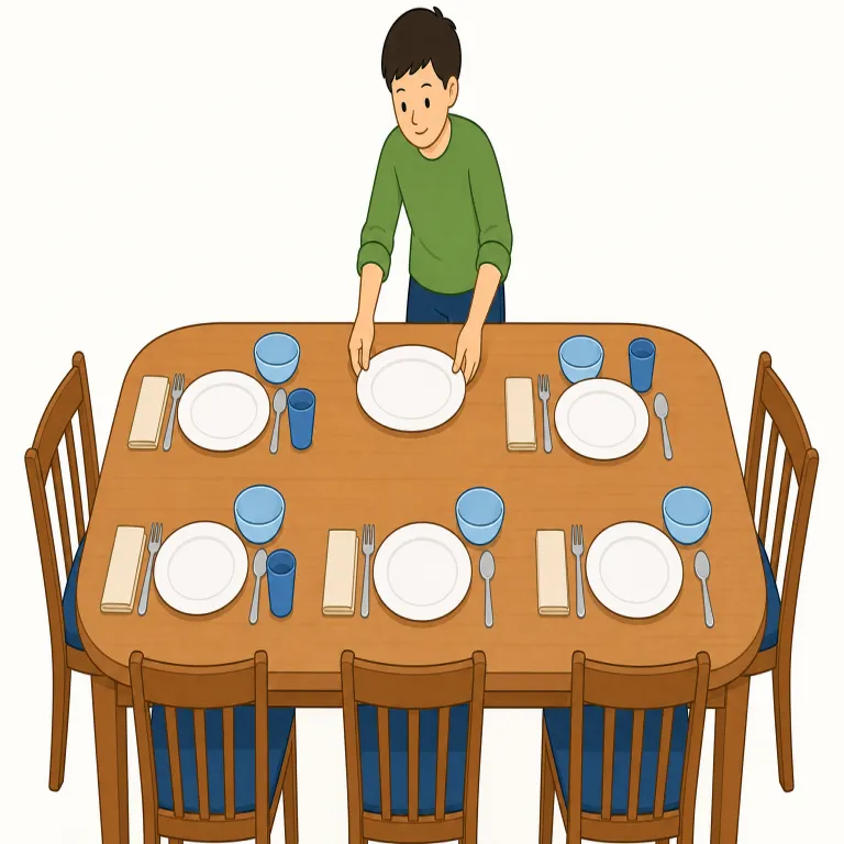 please set the table（食卓の準備をしてください・イディオム）の覚え方イラスト — set は「置く」だけでなく、「必要なものを正しい状態に整える」という広い意味があります