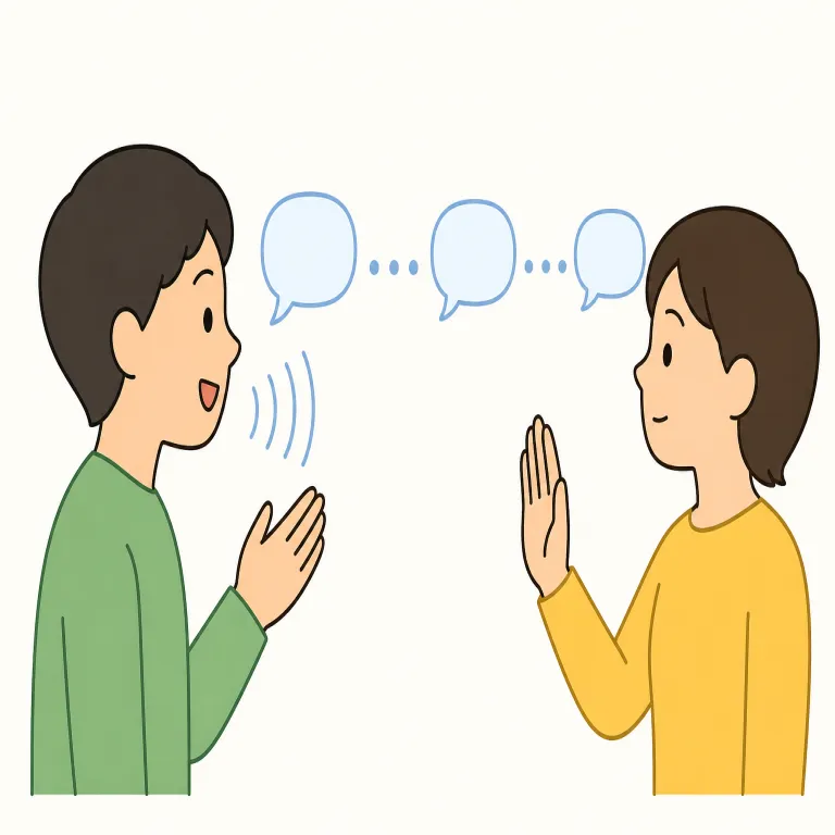 please speak more slowly（もっとゆっくり話してください・イディオム）の覚え方イラスト — please + speak + more slowly の語順を、そのまま「どうか／話して／もっとゆっくり」と積み上げて…