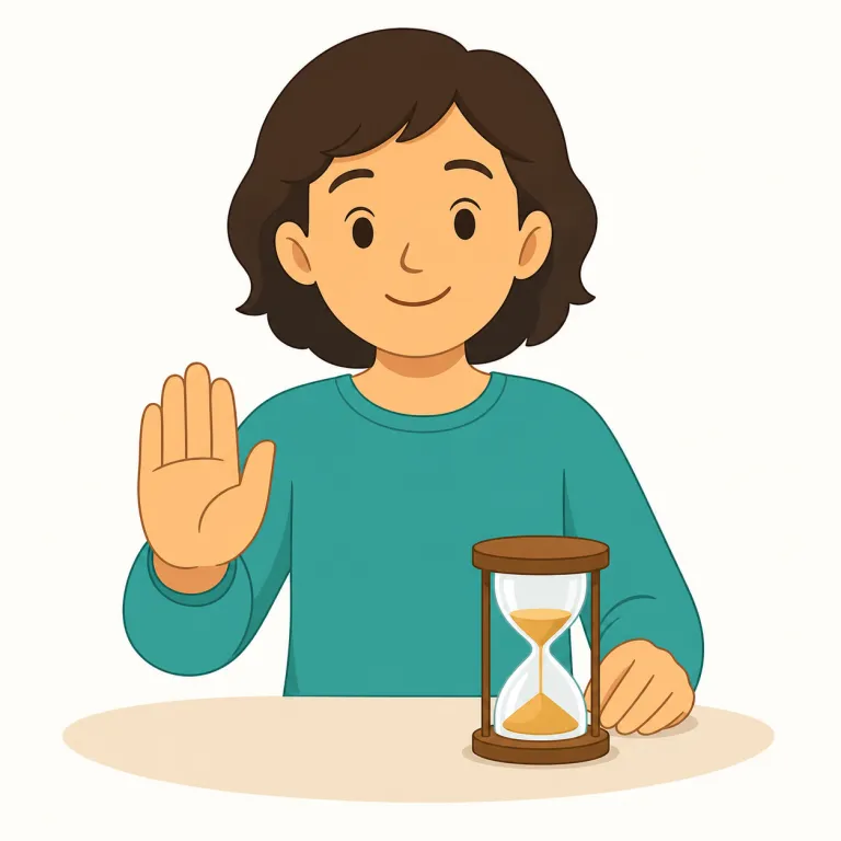 please wait a minute（少し待ってください・イディオム）の覚え方イラスト — please は依頼を丁寧にする合図で、wait a minute は「1分待つ」よりも「少し待つ」というまとまりで覚えると自然です