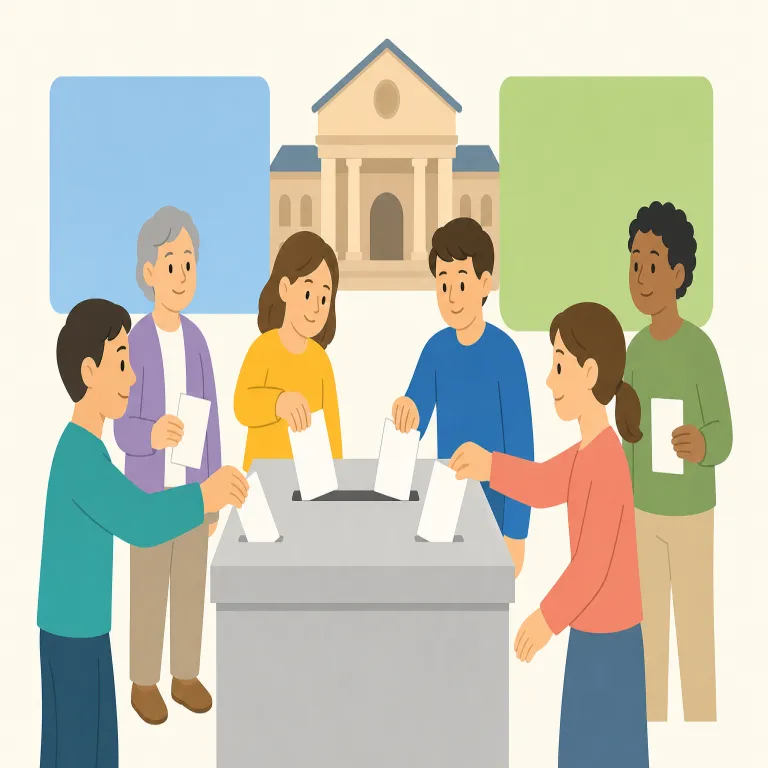 plebiscite（国民投票・名詞）の覚え方イラスト — plebiscite はラテン語 plebs「平民・民衆」と scitum「決定」に由来し、国の重要問題を有権者全体に直接問う「国民投票」を指します