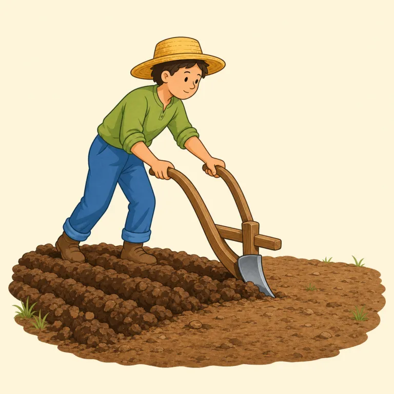 plow（耕す・動詞）の覚え方イラスト — plowは名詞では土を掘り返す「鋤」、動詞では鋤を使って「耕す」
