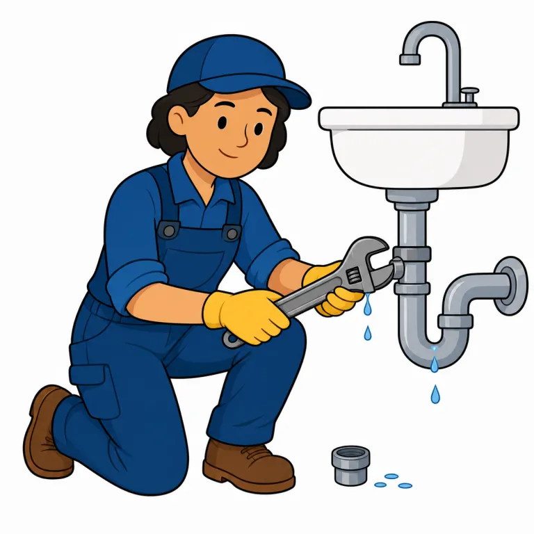 plumber（水道工・名詞）の覚え方イラスト — plumber は plumbing（水道・配管設備）と一緒に覚えるとよい語です