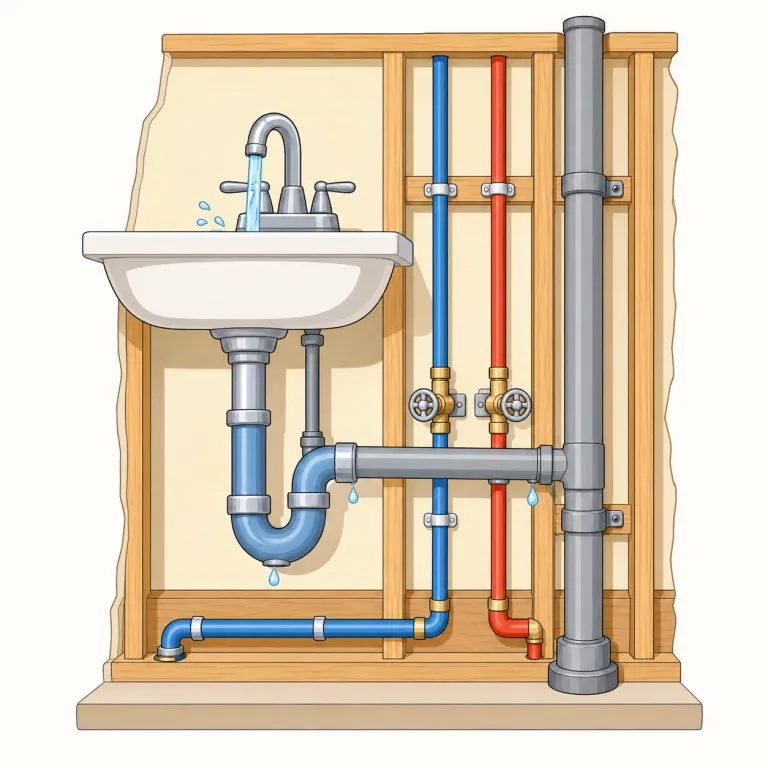 plumbing（配管・名詞）の覚え方イラスト — plumber が「配管工」だと分かっていれば、plumbing はその人が扱う「配管まわり全体・配管設備」と広く捉えると覚えやすいです