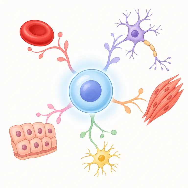 pluripotent（多能性・形容詞）の覚え方イラスト — `plural`（複数の）を知っていれば、`pluri-` は「たくさん」、`potent` は `powerful` や `omnipotent` に見える「力・可能性があ…