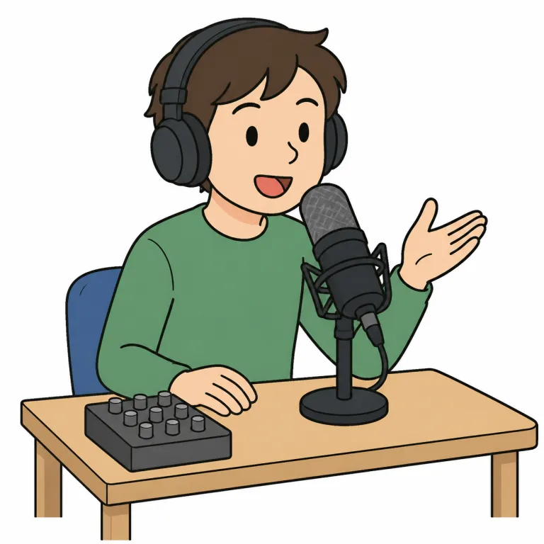 podcasting（ポッドキャスティング・noun）の覚え方イラスト