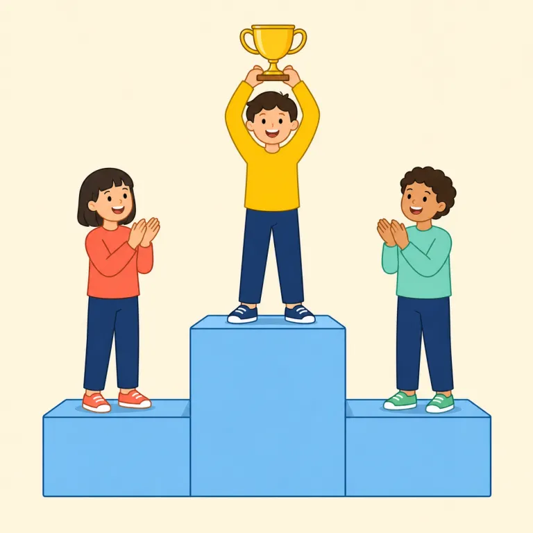 podium（演壇、表彰台・名詞）の覚え方イラスト — podium は「人が一段高い所に立って注目を集める台」という1枚の場面で覚えると残りやすい