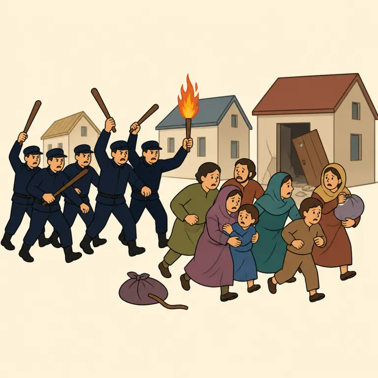 pogrom（（特定集団への）組織的虐殺・迫害・noun）の覚え方イラスト