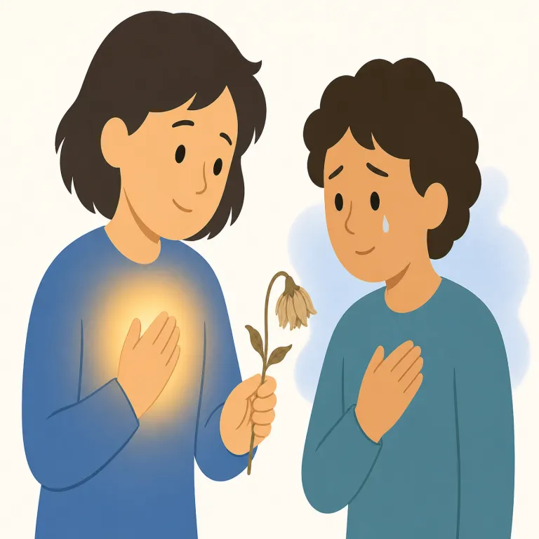 poignantly（痛切に・副詞）の覚え方イラスト — この「痛切に」は、poignantly の基本的な「胸に迫るように」と近いものの、より苦しさ・悲しみ・強い訴えが前面に出る読み方です