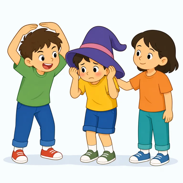 poke fun at（ばかにする・句動詞）の覚え方イラスト — poke は「指や棒でつつく」、fun は「冗談・おもしろさ」です