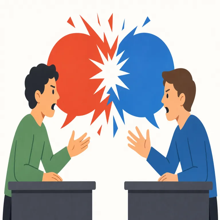 polemic（論争的な・形容詞）の覚え方イラスト — polemic は、ただ「批判的」なだけでなく、読んだ人がすぐ反論したくなるような、対立を生む主張だと覚えると残りやすい語です