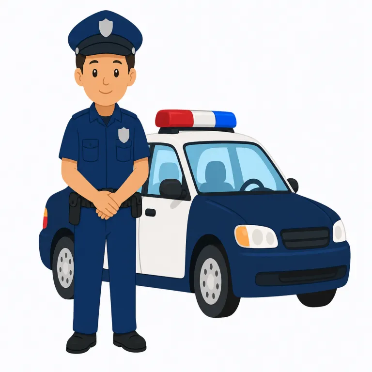 police（警察・名詞）の覚え方イラスト — まず「police officer」で1人の警官、「the police」で組織全体、という形をセットで覚えると定着しやすいです