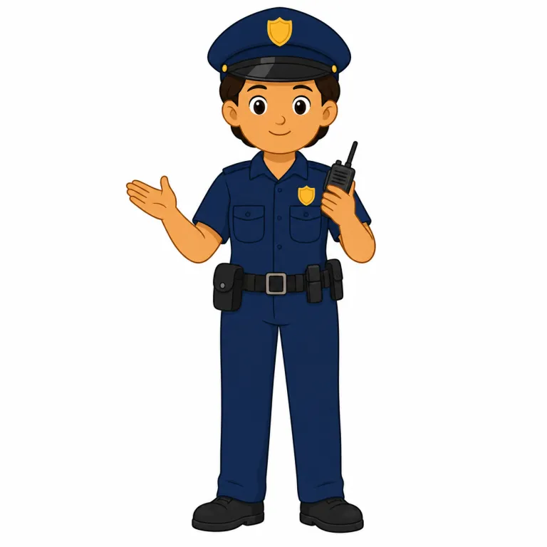 police officer（警察官・名詞）の覚え方イラスト — policeだけでも「警察」「警察官たち」を広く指せますが、police officer は“一人の警察官”をはっきり言う形です