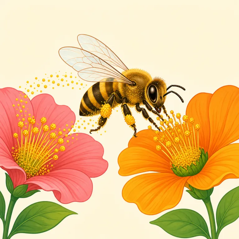 pollinating（受粉させる・動詞）の覚え方イラスト — pollen「花粉」を出発点にすると、pollinating は「花粉を運んで、植物を受粉させている」と理解できます