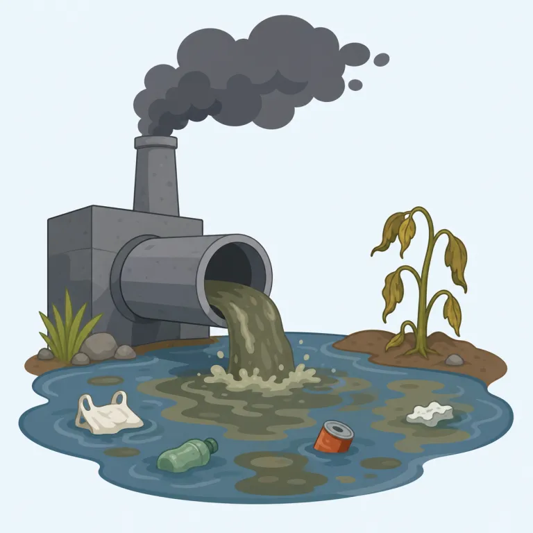 pollution（汚染・名詞）の覚え方イラスト — このエントリの pollution は「公害」という社会問題全体ではなく、「汚染」という、空気・水・土壌・食品などが有害物で汚れた状態を表す意味として覚えます