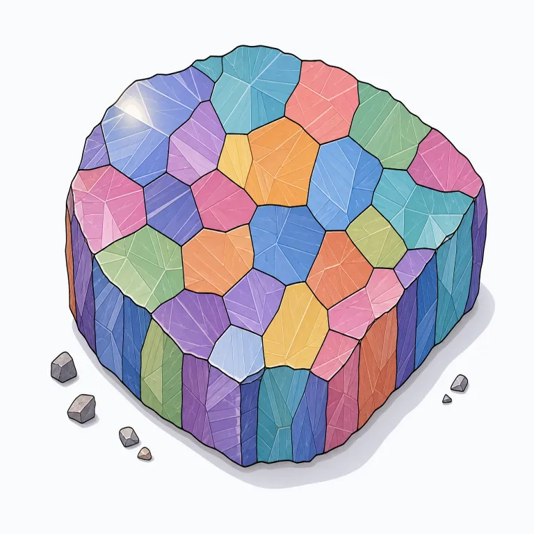 polycrystalline（多結晶・形容詞）の覚え方イラスト — poly- は polygon, polymer などでも見かける「多い」、crystal はそのまま「結晶」