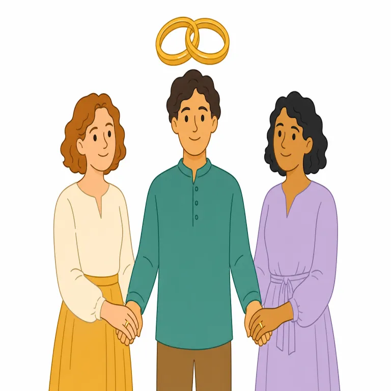 polygamist（重婚者・名詞）の覚え方イラスト — poly- は polygon や polyglot と同じく「多くの」、-gam- は marriage に関係する語根、-ist は「その行為や立場の人」です