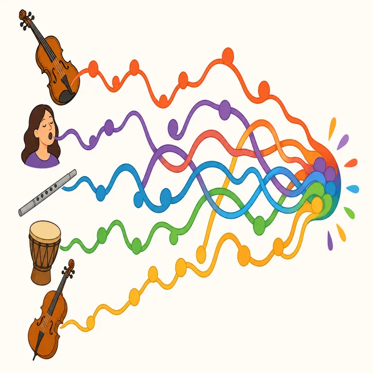 polyphony（多声音楽・名詞）の覚え方イラスト — polyphony は poly-「多くの」+ phone 系「声・音」から、「多くの声部が同時に響く音楽」と考えると定着します