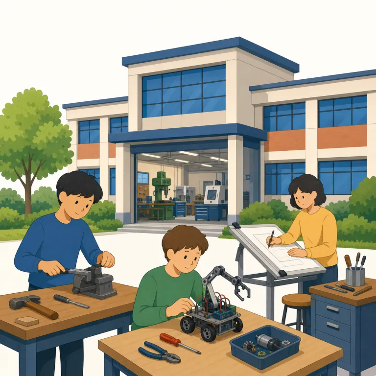 polytechnics（工科大学・名詞）の覚え方イラスト — polytechnics は poly-「多くの」と technic「技術の」を分けて見ると覚えやすい語です