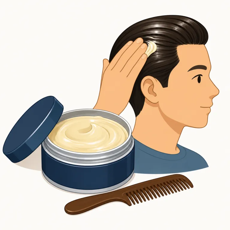 pomade（ポマード・名詞）の覚え方イラスト — pomade は、髪に光沢を出してなでつける油性・クリーム状の整髪料として覚えます