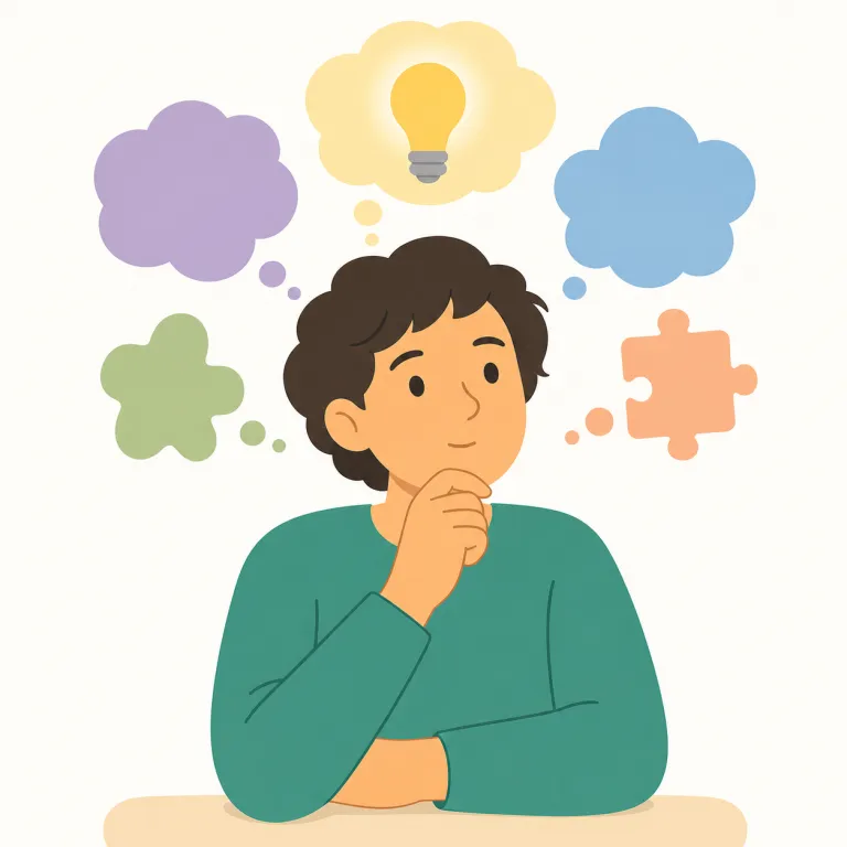 ponder（熟考する・動詞）の覚え方イラスト — ponder は think よりも遅く、深く、重く考える語