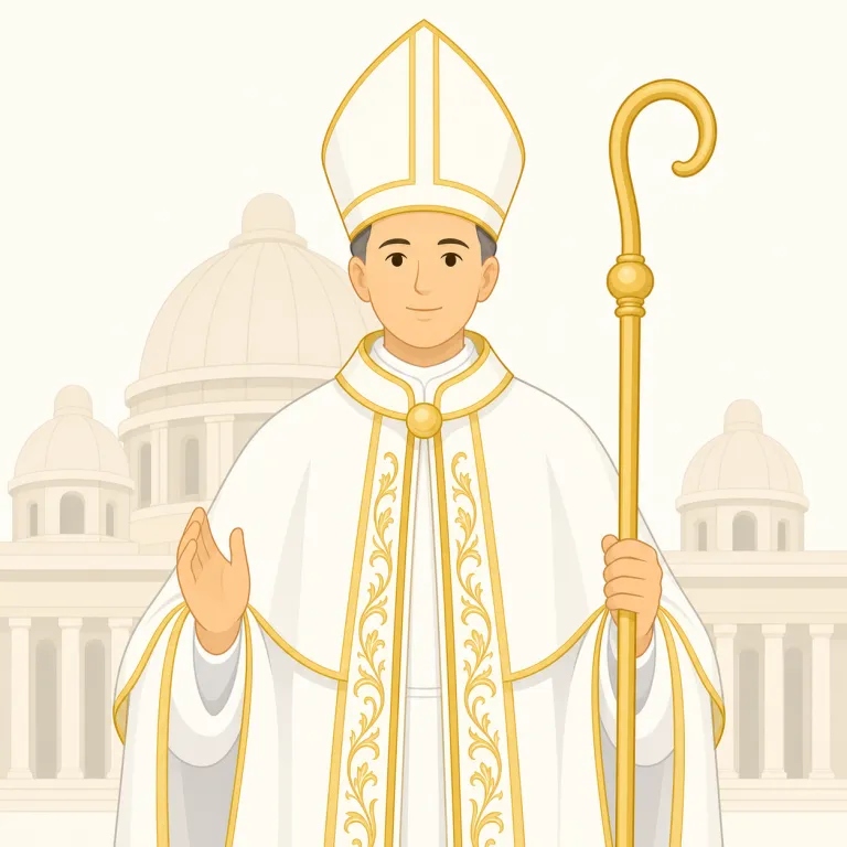 pontifical（教皇的な・形容詞）の覚え方イラスト — pontiff が「ローマ教皇」だと分かれば、pontifical はそこから伸びた「教皇に関する」という形容詞だと押さえやすい