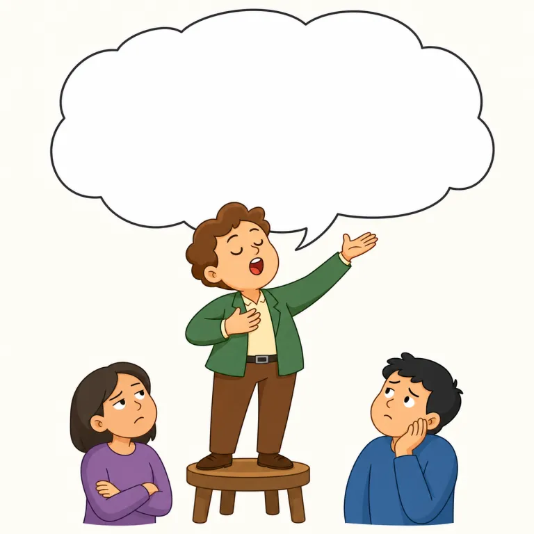 pontificate（偉そうに語る・動詞）の覚え方イラスト — pontificate は「ただ話す」ではなく、自分が権威者であるかのように正論を上から一方的に説く感じで覚える