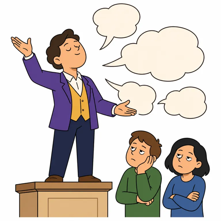 pontificating（偉そうに語る・動詞）の覚え方イラスト — `pontificating` は、ただ長く話すことではなく、「上から目線で説教っぽく断言する」感じで覚える