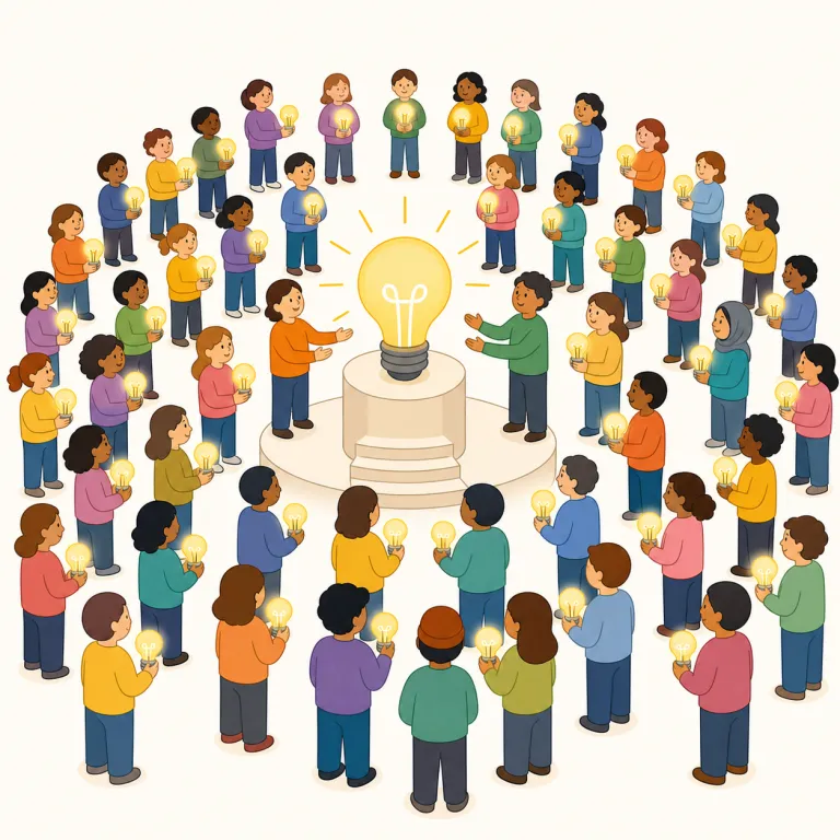 popularize（普及させる・動詞）の覚え方イラスト — popularize は popular「人気のある」+ -ize「〜にする」から、「多くの人に知られ、使われるように広める」と考えます