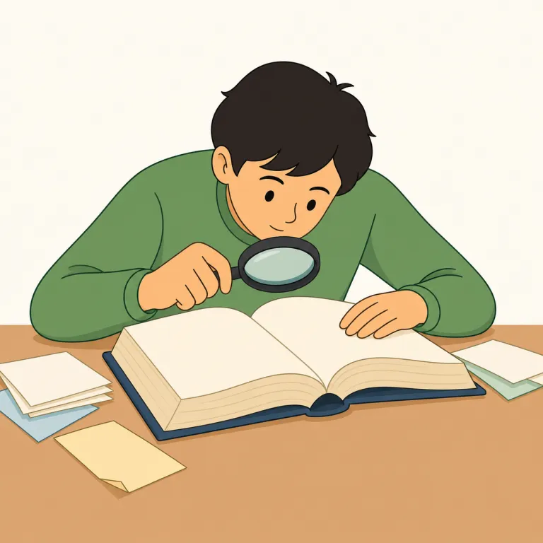 pore over（熟読する・句動詞）の覚え方イラスト — pore over は、本や文書の一語一語に集中して「熟読する」と覚えます
