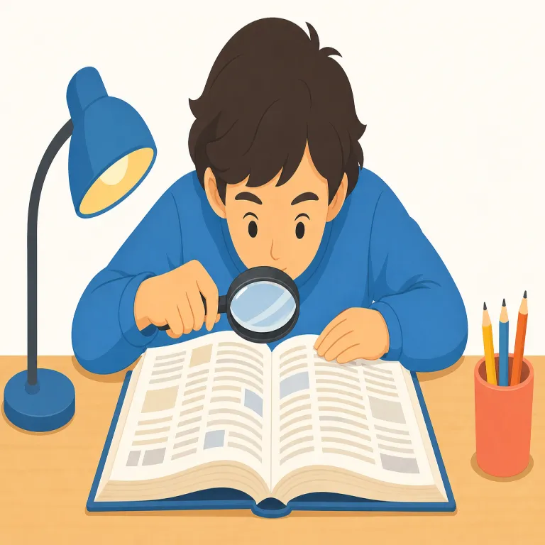 pored（熟読した・動詞）の覚え方イラスト — pored はまず pore over（〜を熟読する・詳しく調べる）というかたまりで覚えるのが近道です